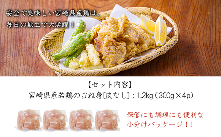 宮崎県産若鶏むね切り身(皮なし)1.2kg(300g×4P)TF0837-P00063