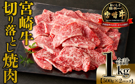 <宮崎牛 切落し焼肉1kg(500g×2)>入金確認後、1~3か月以内に順次出荷【国産 黒毛和牛 牛肉 牛 精肉 赤身 ブランド牛 ちょっと豪華 毎日の食卓 プチ贅沢 ご褒美 旨味 普段使い 焼き肉 形 大きさ 不揃い 切り落とし やきにく 焼くだけ ミヤチク 宮崎県 】【b0986_my_x1】