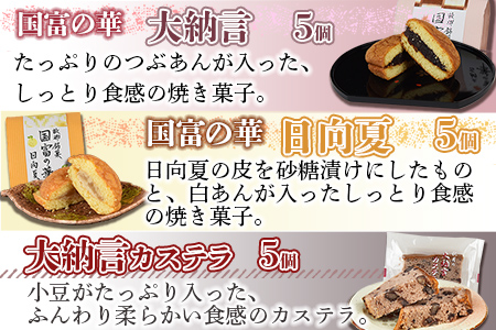 ＜国富の華＆大納言カステラセット 3種類 合計15個＞2か月以内に順次出荷【 かすてら 小豆 あんこ 日向夏 焼き菓子 お菓子 詰め合わせ 洋菓子 スイーツ おやつ お茶請け 食べ比べ 】【a0360_ak_x1】