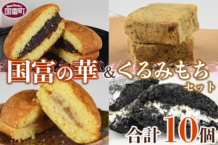 <国富の華&くるみもちセット 4種類 合計10個>2か月以内に順次出荷【 胡桃餅 竹炭ブッセ あんこ 日向夏 焼き菓子 お菓子 詰め合わせ 和菓子 洋菓子 スイーツ おやつ お茶請け 食べ比べ 】【a0357_ak_x1】