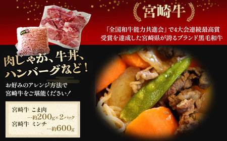 ＜宮崎牛こま肉200g×2(合計400g)＆宮崎牛ミンチ(約600g)セット 合計約1kg＞2か月以内に順次出荷【a0506_sh】