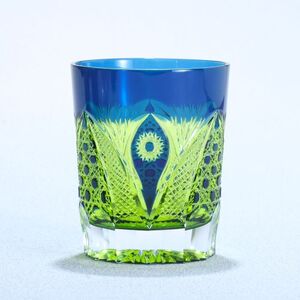 オールドファッション ロックグラス「綾切子」（カラー：若草／コバルトブルー）