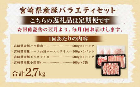 ＜【2回定期便】宮崎県産豚 バラエティセット 計2.7kg＞お申込みの翌月下旬頃に第一回目発送（12月は中旬頃）【c1440_mc_x1】 バラエティセット 4種 合計5.4kg 豚バラ焼肉 豚ロースor肩ローススライス 豚モモスライス 豚小間切れ 豚ロース 肩ロース 豚肉 豚 肉 精肉 料理 宮崎県産 宮崎県 宮崎 みやざき 高鍋町 定期便 冷凍