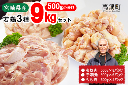 <宮崎県産若鶏3種9kgセット>翌月末迄に順次出荷【c637_kw】