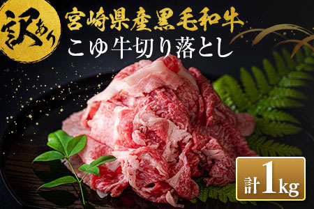 ［訳あり］宮崎黒毛和牛『こゆ牛』切り落とし 計1kg A4等級以上 ブランド牛 宮崎県産 冷凍 和牛 牛肉 国産【B67】