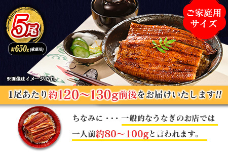<2025年11月お届け>うなぎ 鰻楽 国産 蒲焼 ご家庭用 5尾 計650g以上(130g×5尾)おすすめ 冷凍 簡単調理 個包装 鰻 魚介【D144-2511】