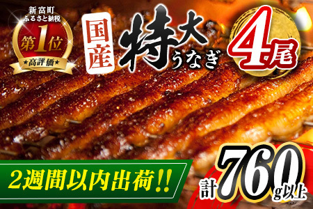 【ふるなびWEEK対象】 特大 うなぎ 鰻楽 国産 蒲焼 4尾 人気 無頭 計760g以上 高評価 おすすめ 冷凍 簡単調理 個包装 鰻 魚介 贈答ひ品 ギフト 贈り物　【C388-760-2W-FN】　FN-Limited-WE