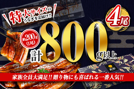 ＜今なら年内お届け!!＞12/22受付分まで 特大 うなぎ 鰻楽 国産 蒲焼 4尾 計800g以上  人気 無頭 高評価 おすすめ 冷凍 簡単調理 個包装 鰻 魚介 贈答品 ギフト 贈り物【C388-800-2512】