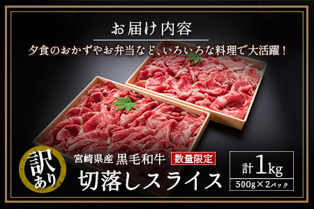 ［訳あり・数量限定］宮崎県産黒毛和牛 切落しスライス（500g×2パック）合計1kg【B491】