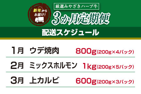 「新年から3か月お届け」2025年開始 厳選 みやざきハーブ牛 3か月定期便 牛肉 焼肉 国産【E149-25】