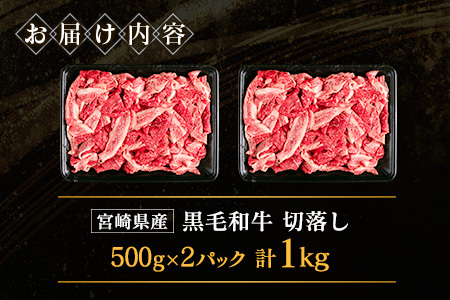 宮崎県産 黒毛和牛切落し（500g×2パック）合計1kg【B613】