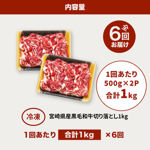 宮崎県産黒毛和牛 贅沢切り落とし1kg(500g×2)×6回定期便 K16_T015