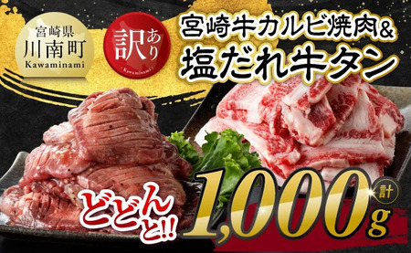 【訳あり】 宮崎牛カルビ焼肉＆塩だれ牛タン　計1,000g 【 肉 宮崎牛 カルビ 牛肉 牛たん たん 厚切り 塩ダレ 塩だれ タン 味付き BBQ 焼肉 焼き肉 焼くだけ おかず 簡単調理 】