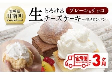 【定期便】とろける生チーズケーキ（プレーン・チョコ）+メロンパン ３ヶ月定期便【スイーツ ケーキ チーズケーキ チョコ 洋菓子ケーキ スプーンでケーキ  おまけつきケーキ 全3回】