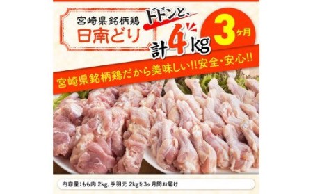 【3ヶ月定期便】『日南どり』鶏肉セット 4kg（もも肉、手羽元）【肉 鶏肉 若鶏 国産 九州産 宮崎県産 全３回】