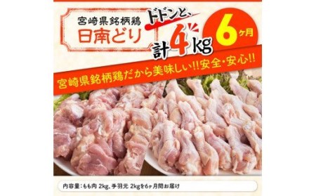 【6ヶ月定期便】宮崎県産若鶏　日南どり　もも肉＆手羽元　計4kg（各2㎏×1） 【 ふるさと納税 鶏肉 鶏 若鶏 もも 手羽元 セット 宮崎県産 川南町 おうち時間 おうちごはん 定期便 送料無料 】