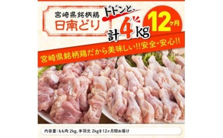 【12ヶ月定期便】日南どり もも肉 2kg ＆ 手羽元 2kg 計４kg セット【肉 鶏肉 国産 九州産 宮崎県産 全１２回】