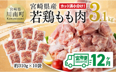 【12ヶ月定期便】宮崎県産 若鶏 もも肉 3.1kg【 鶏肉 もも肉 肉 小分け からあげ チキン南蛮 国産 九州産 宮崎県産  送料無料 】