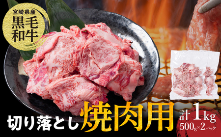 【2週間以内発送】宮崎県産黒毛和牛切り落とし(焼肉用)計1kg 肉 牛 牛肉 国産_T023-0171