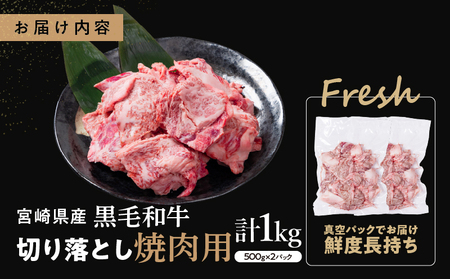 【2週間以内発送】宮崎県産黒毛和牛切り落とし(焼肉用)計1kg 肉 牛 牛肉 国産_T023-0171