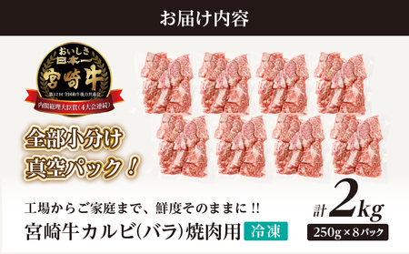 【令和7年2月配送】全部小分け真空パック!!「宮崎牛カルビ(バラ)焼肉用」計2kg 肉 牛 牛肉 おかず 国産_T041-009-702