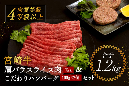 Ab57 宮崎牛肩バラスライス肉1kg&こだわりハンバーグ(100g×2個)セット《合計1.2kg》