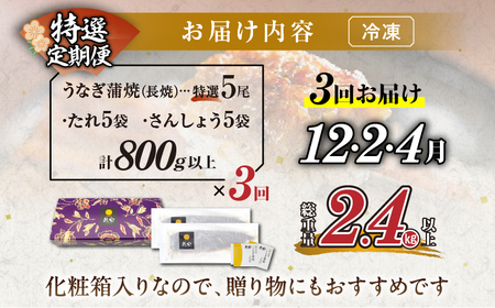 先行予約≪定期便全3回≫12月・2月・4月お届け!!うなぎ蒲焼5尾(総重量2.4kg以上) 鰻 魚 魚介 加工品 国産_T026-0053【人気 鰻 うなぎ ギフト 鰻 うなぎ 食品 鰻 うなぎ おかず 鰻 うなぎ お土産 鰻 うなぎ 贈り物 鰻 うなぎ 送料無料 鰻 うなぎ プレゼント 鰻 うなぎ おすすめ 鰻 うなぎ オススメ 鰻 うなぎ 特産品 鰻 うなぎ 都農町 鰻 うなぎ 宮崎県産 鰻 うなぎ】