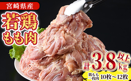 宮崎県産若鶏もも肉(計3.8kg以上・鶏もも一枚肉250～350g×10～12枚) お肉 鳥肉 とり肉 鶏肉 若鶏 もも肉 国産 宮崎県産 唐揚げ から揚げ からあげ 冷凍 便利 【NK-03】【南九フーズ】