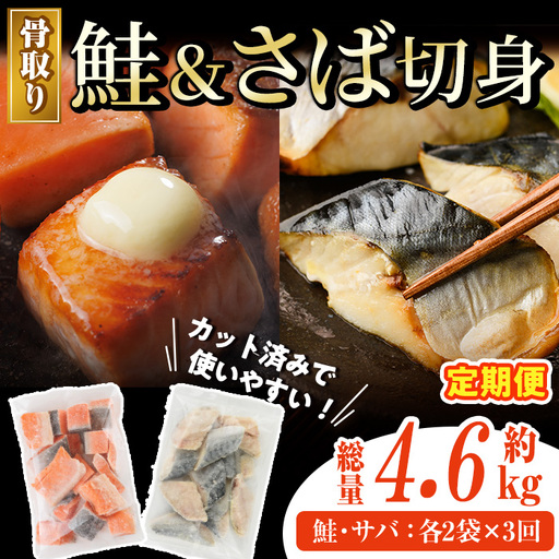 【定期便・全3回(連続)】骨取り さば切身と鮭カットのセット(総量約5kg) 鮭 小分け 冷凍 サーモン シャケ サケ サバ 鯖 骨なし 骨取り セット 魚 魚介 【AW-107】【丸正水産】
