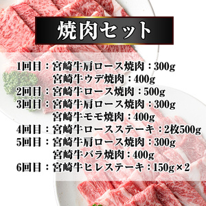 【定期便・全6回】宮崎牛定期便＜Aセット・焼肉＞ お楽しみ便 牛肉 国産 定期 ヒレ肉 モモ ウデ ロース バラ 宮崎県産 黒毛和牛 焼肉 ステーキ 【R-100】【ミヤチク】