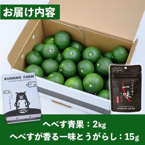 ＜先行予約受付中！2026年9月中に発送予定＞へべすとへべすが香る一味とうがらしのセット(合計2種・へべす青果約2kg、へべすが香る一味とうがらし15g)柑橘 果汁 国産 調味料 唐辛子 特産品 詰め合わせ 詰合せ 宮崎県 門川町【T-4】【熊野農園】