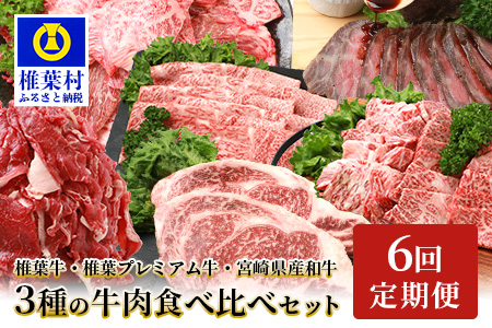 定期便6回・偶数月】総重量6.3kg！【3種の牛肉】椎葉牛・椎葉