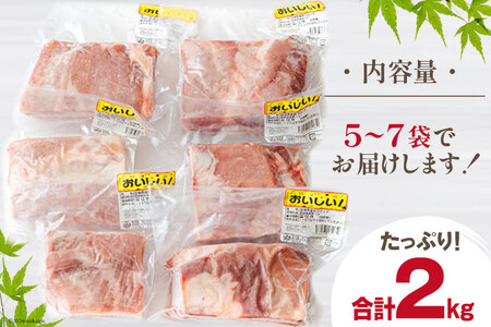 訳あり 豚肉 豚バラ ブロック 2kg 不揃い 5～7袋 [甲斐精肉店 宮崎県 美郷町 31as0053] 冷凍 宮崎県産 不揃い 煮込み 角煮 チャーシュー 丼 ポッサム 蒸し 揚げ 料理 真空包装 収納 スペース 蒸し豚 塊 かたまり 料理 調理 おかず