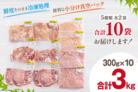 宮崎県産 豚肉 鶏肉 セット ひき肉 こま切れ ロース 生姜焼き用 もも カット 小分け 各300g×2袋 計3kg [甲斐精肉店 宮崎県 美郷町 31as0108]