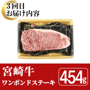 ＜全3回・定期便＞宮崎牛定期便(ロースステーキ・600g、肩焼肉・400g、ワンポンドステーキ・454g)A4 A5  国産 牛肉 精肉 宮崎県産 お肉 黒毛和牛 お取り寄せ 焼き肉 ステーキ【SJ010】【日本ハムマーケティング株式会社】