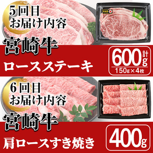 ＜全6回・定期便＞宮崎牛定期便(ロースステーキ・600g、肩焼肉・400g、ももバラすき焼き・600g、ワンポンドステーキ・454g、ロースステーキ・600g、肩ロースすき焼き・400g)A4 A5 国産 牛肉 宮崎県産 黒毛和牛 国産 牛肉 宮崎県産 黒毛和牛【SJ011】【日本ハムマーケティング株式会社】