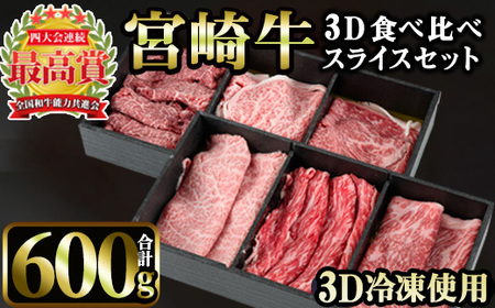 宮崎牛 3D冷凍 食べ比べ スライス(合計600g)【MI016】【(株)ミヤチク宮崎加工センター】