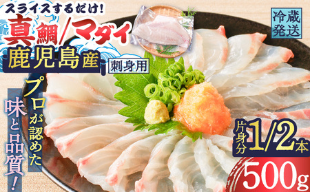 鹿児島産 スライスするだけ！真鯛（マダイ）刺身用 片身分 500g K100-008 魚 刺身 鯛 真鯛 タイ 真ダイ 柵 海鮮 片身 丼 鯛茶漬け 冷蔵 簡単 便利 新鮮 鮮度 真空パック 津曲商店 ふるさと納税 鹿児島 おすすめ ランキング プレゼント ギフト