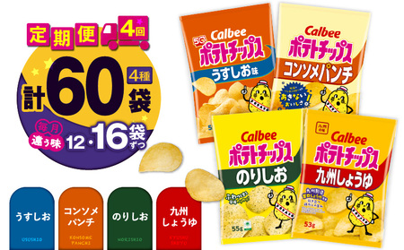 【4ヶ月定期便】カルビー ポテトチップス 食べ比べ4種【うすしお、コンソメパンチ、のりしお、九州しょうゆ】 K194-T01 菓子