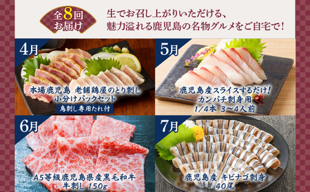 【 全8回 】 鳥刺し・刺身・ユッケ 定期便 K000-T2506 肉 牛肉 鶏肉 生肉 生食 牛刺し 魚 カンパチ きびなご 酢味噌 海鮮 魚介 小分け 新鮮 名物 グルメ 限定 定期 冷凍 冷蔵 セット バラエティ コラボ おかず おつまみ おいしい ふるさと納税 鹿児島 おすすめ ランキング プレゼント ギフト