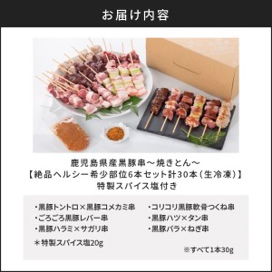 鹿児島県産黒豚串～焼きとん～【絶品ヘルシー希少部位6本セット計30本（生冷凍）】 特製スパイス塩付き K113-002 豚肉 黒豚 串 焼きとん 特製スパイス 塩 豚トロ レバー ハラミ ハツ タン バラ 豚バラ 小分け BBQ 薩摩 さつま 鹿児島県 鹿児島市 鹿児島 お土産 特産品 贈り物 贈答 プレゼント ギフト