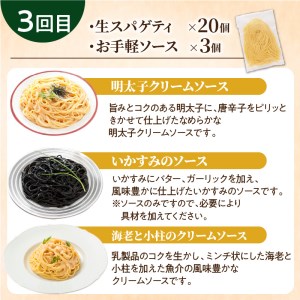 【3ヶ月 定期便】生スパゲティ 20個 お手軽 ソース 3個付き  K036-T07 生パスタ パスタ スパゲティ 生スパゲティ 麺 生麺 もちもち 生食感 お店の味 鹿児島市 定期便