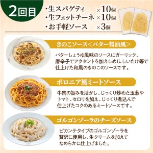 【3ヶ月 定期便】生スパゲティ 10個 × 生フェットチーネ 10個 お手軽 ソース 3個 付き  K036-T09 生パスタ パスタ スパゲティ 生スパゲティ 麺 生麺 もちもち 生食感 お店の味 鹿児島市 定期便