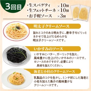 【3ヶ月 定期便】生スパゲティ 10個 × 生フェットチーネ 10個 お手軽 ソース 3個 付き  K036-T09 生パスタ パスタ スパゲティ 生スパゲティ 麺 生麺 もちもち 生食感 お店の味 鹿児島市 定期便