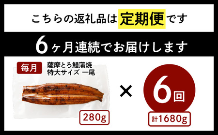 【全6回定期便】薩摩大とろ鰻蒲焼特大サイズ一尾 K190-T03 薩摩 さつま 鹿児島県 鹿児島市 鹿児島 大人気うなぎ 人気うなぎ 鹿児島産うなぎ 鹿児島県産うなぎ 大人気ウナギ 人気ウナギ 鹿児島産ウナギ 鹿児島県産ウナギ 大人気鰻 人気鰻 鹿児島産鰻 鹿児島県産鰻 鰻丼 うな丼 蒲焼 蒲焼き かば焼き 土用 丑の日 土用の丑の日 国産 国内産 日本産