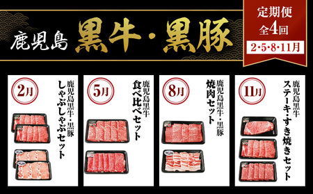 鹿児島 黒牛 ・ 黒豚 定期便 （ 全4回 ） K127-T01 肉 牛 豚 ブランド牛 和牛 国産 すき焼き しゃぶしゃぶ ステーキ 焼肉 バラ カタ ロース スライス モモ リブ ウデ サーロイン 定期 配送 JA 経済連