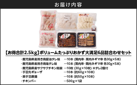 【 お得 合計 2.5kg 】 ボリューム たっぷり おかず 大満足6品 詰合わせ セット K219-002 惣菜 総菜 揚げ物 焼き鳥 揚げるだけ 温めるだけ 手羽先ギョーザ チキンバー 楽手羽唐揚 唐揚げ からあげ 唐揚 チキン南蛮 美味しい 簡単 便利 パーティー 食べきり 時短 お手軽 詰合せ 詰め合わせ アサヒ物産 ふるさと納税 鹿児島 おすすめ ランキング プレゼント ギフト