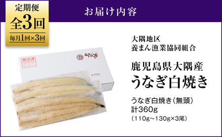 2080-1 鹿児島県 大隅産 うなぎ 白焼き 3尾  計360g 【 3ヶ月 定期 】 KN007-T02 魚 冷凍 鰻