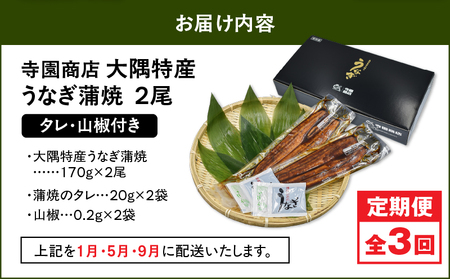 2479 【 定期 3回 】大隅特産 うなぎ蒲焼 2尾（340g）【 国産 】 KN060-T03 魚 冷凍 鰻 定期便