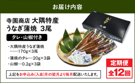 2484 【 定期 12回 】大隅特産 うなぎ蒲焼 3尾（510g）【 国産 】 KN060-T08 魚 冷凍 鰻 定期便